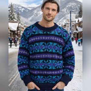 Vintage 80s 90s Turquoise Purple Handmade Sweater 100% Wool Fair Isle Nordic M/L